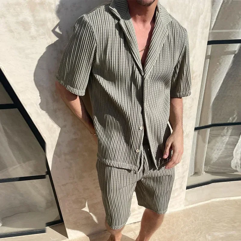

Men Sets Summer Casual Short-sleeved Shirt Shorts Fashion Striped Suit Male Two-piece Set Tracksuit Ropa Para Hombre