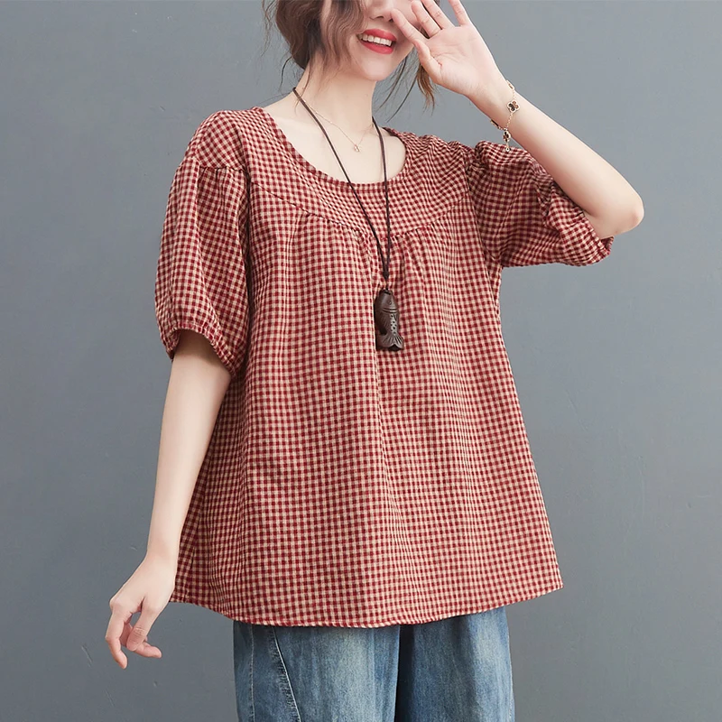 

Художественная винтажная хлопково-льняная клетчатая свободная футболка для похудения ort Sve, повседневный универсальный круглый топ для женщин