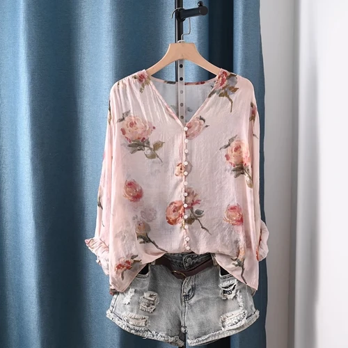 Imagen 1 del producto Ropa de otoño 2025 para mujer, camisas y blusas con estampado floral rosa y cuello de pico a la moda francesa para mujer, tops vintage para mujer