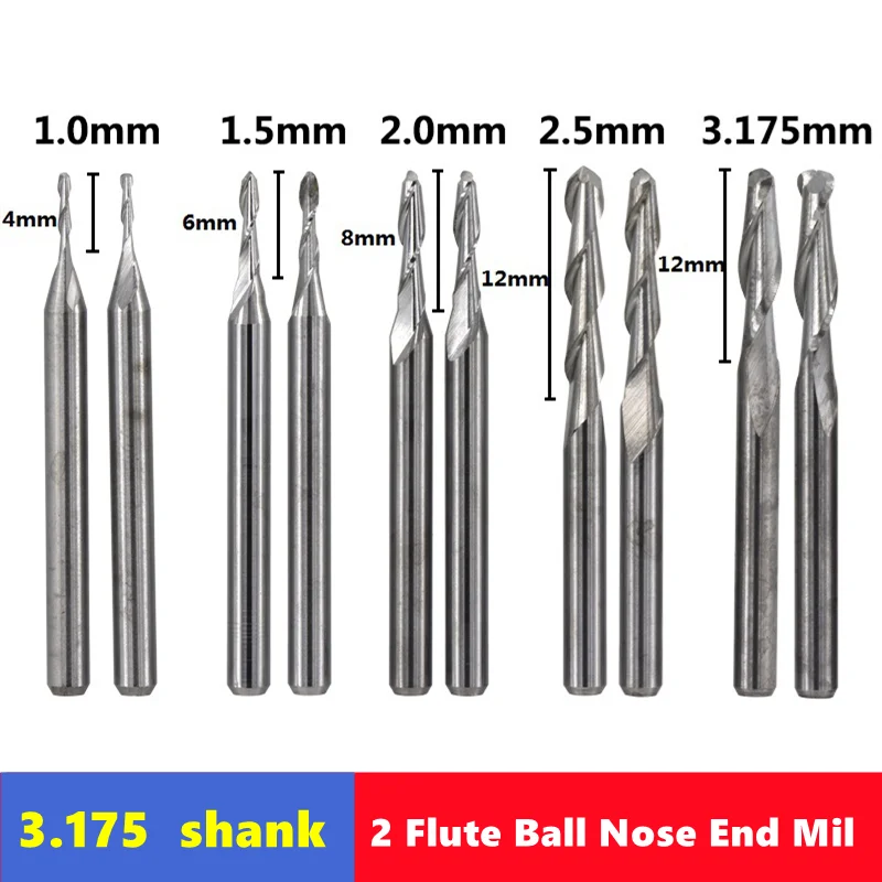 10pcs 2 Flute Ball Nose End Mill 3.175mm （1/8）Shank CNC Router Bit Carbide End Mill Spiral Milling Cutter for Woodworking