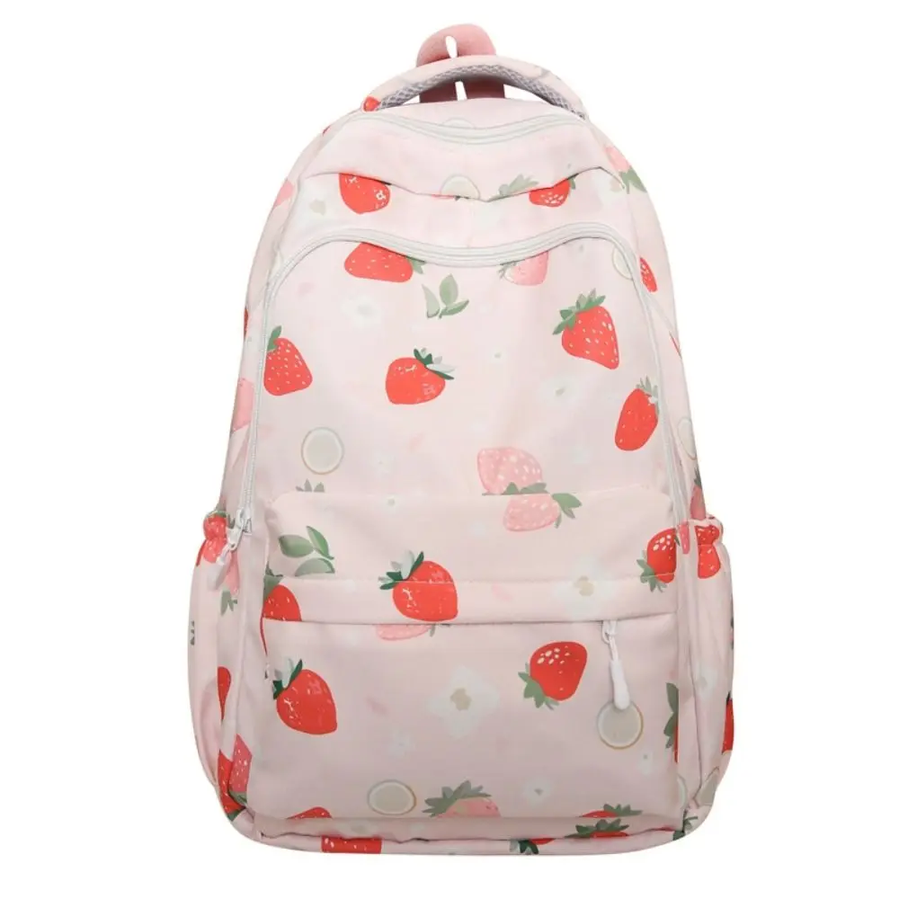 Large Capacity Strawberry Printed Backpack Adjustable Strap Korean Style Students Knapsack Multi Pocket Harajuku School Bag