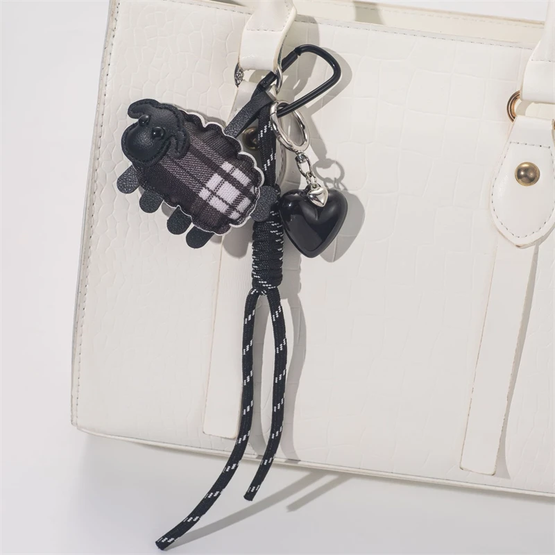 1Pcs New Plaid PU Leather Sheep Keychain Braided Rope Keyring Creative Heart Pendant Phone Strap Purse Decoration Gift