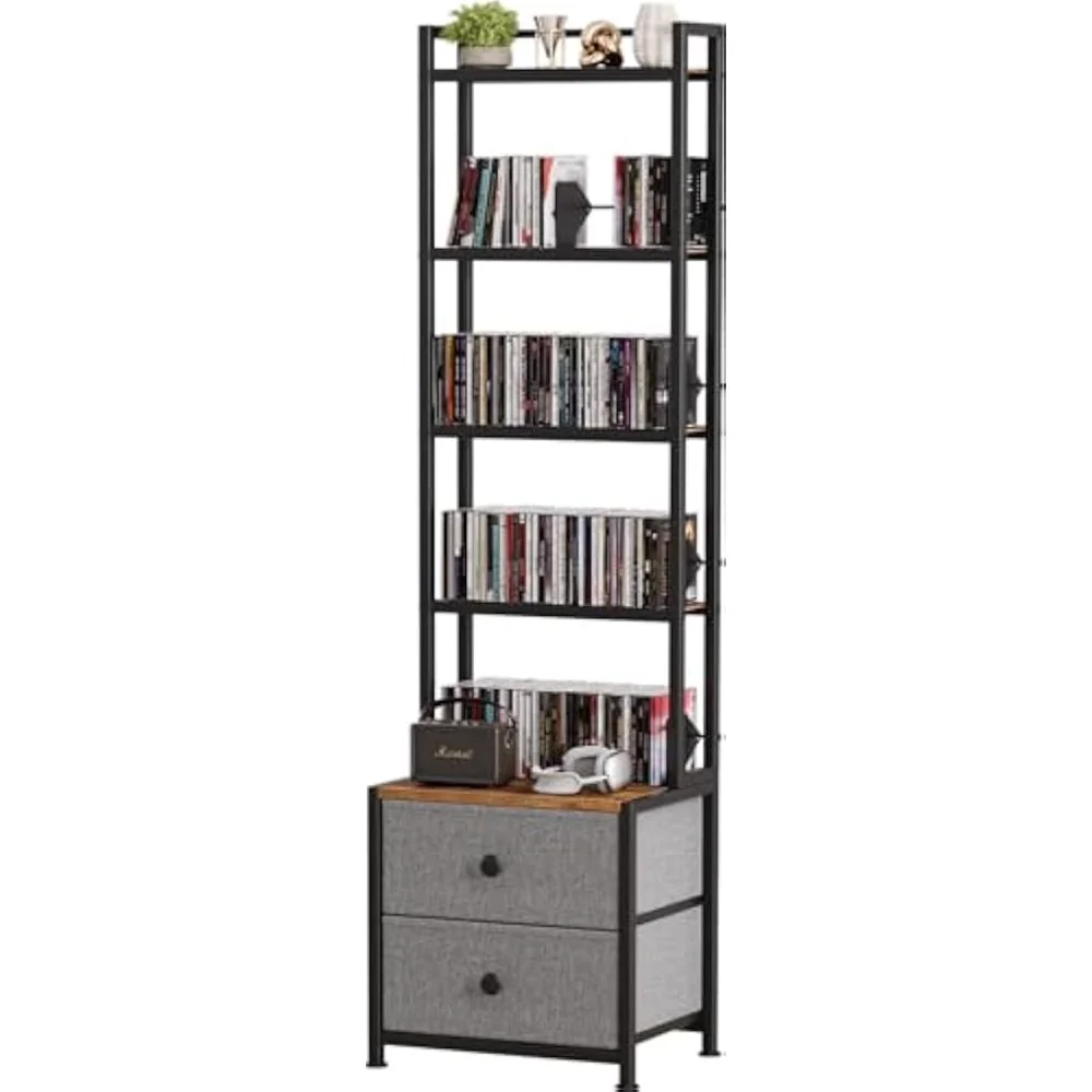 

CD Storage Rack with Drawer, 5-Tier DVD Organizer Shelf w/Adjustable Book Stoppers, Books & Games, 15.7x11.8x56.5Inches CD Racks