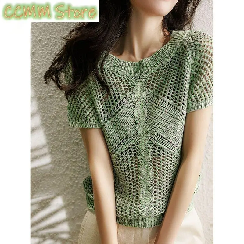 スタイリッシュな O ネックニットルーズ中空アウトブラウス女性服夏の新カジュアルプルオーバートップス半袖韓国シャツ