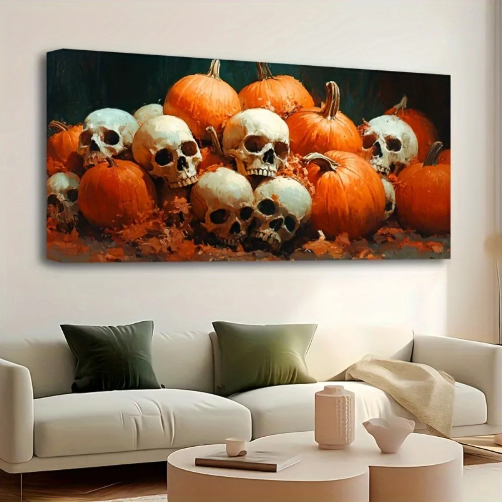 

1.5 "thick pine solid wood frame, Halloween mural pumpkin decoration, vintage black cemetery, interior decoration