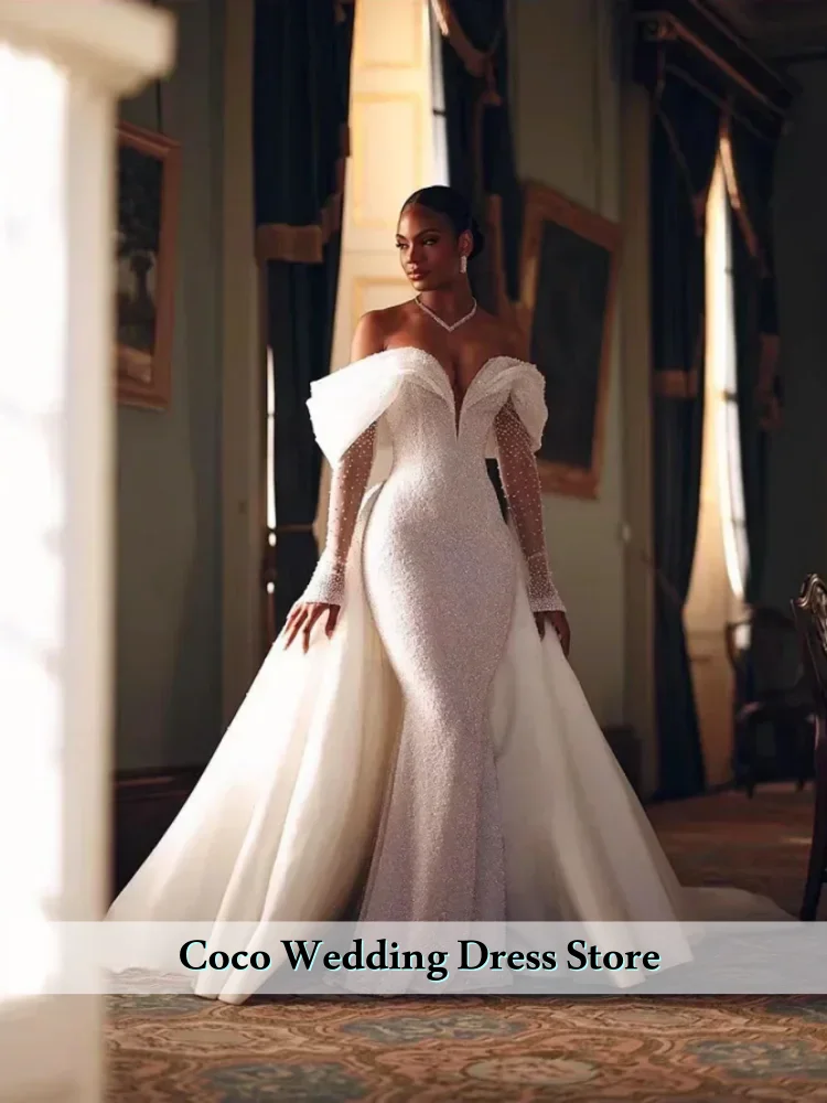 맞춤형 머메이드 탈부착 가능 2 in 1 웨딩드레스 레이스 스팽글 트레인 V넥 긴팔 빈티지 신부 드레스 베스티도 데 노비아