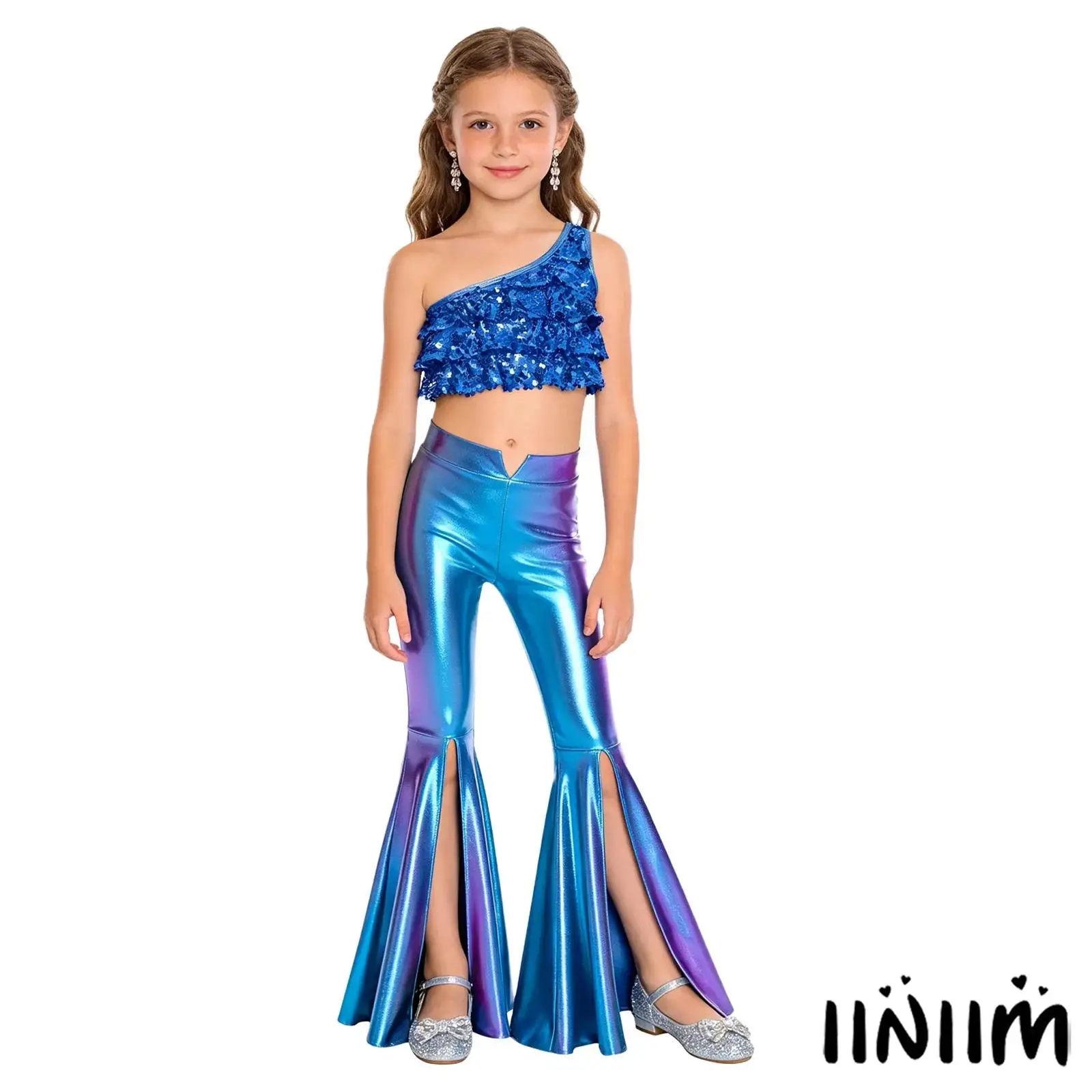 

Kids Girls Jazz Dance Performance Outfit One Shoulder Shiny Sequins Sleeveless Crop Top with Split Bell-Bottom Metallic Pants
