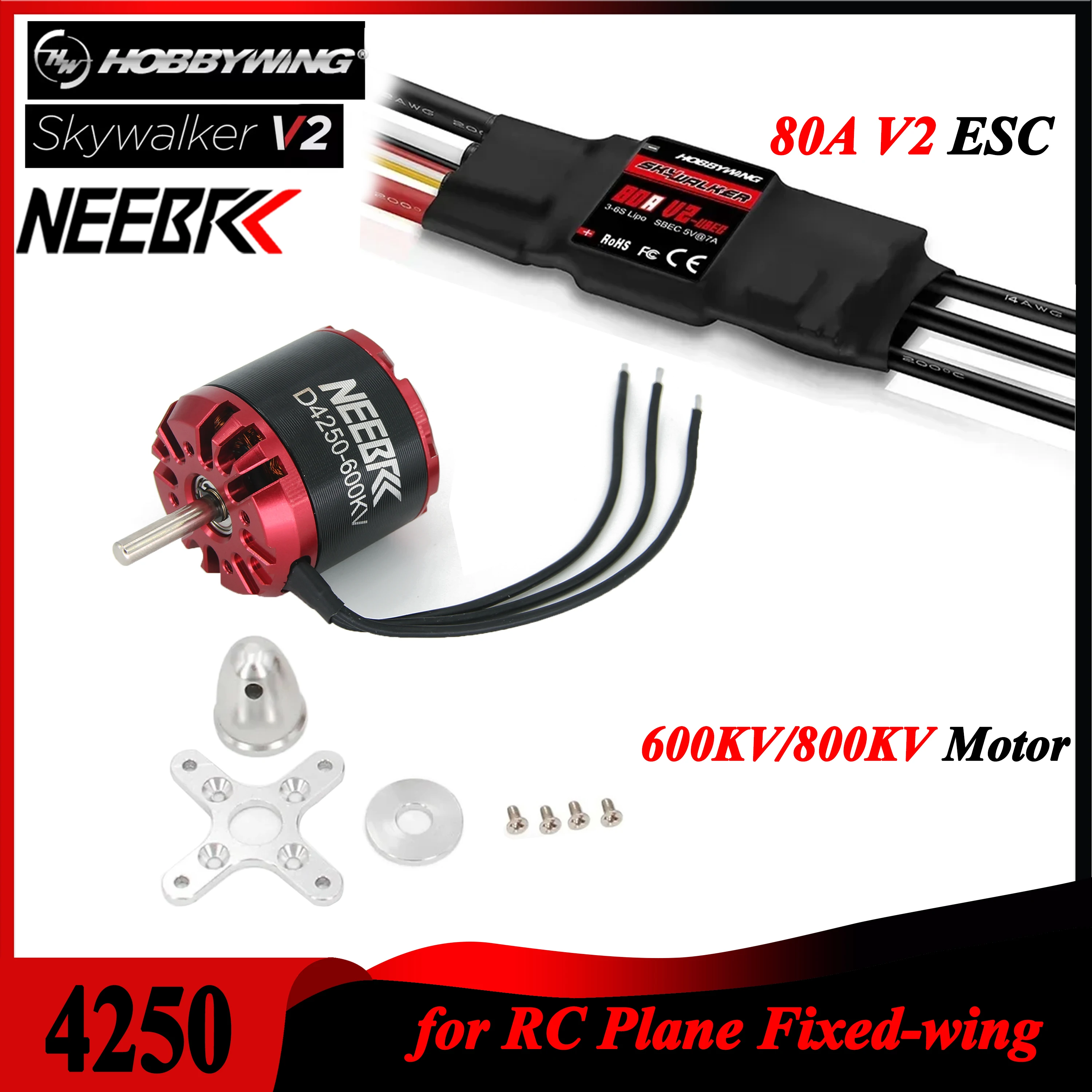 

NEEBRC 4250 600KV 800KV Outrunner 3-7S Brushless Motor and 80A V2 ESC for FPV Racing Drone RC Aircraft Multicopter Quadcopter