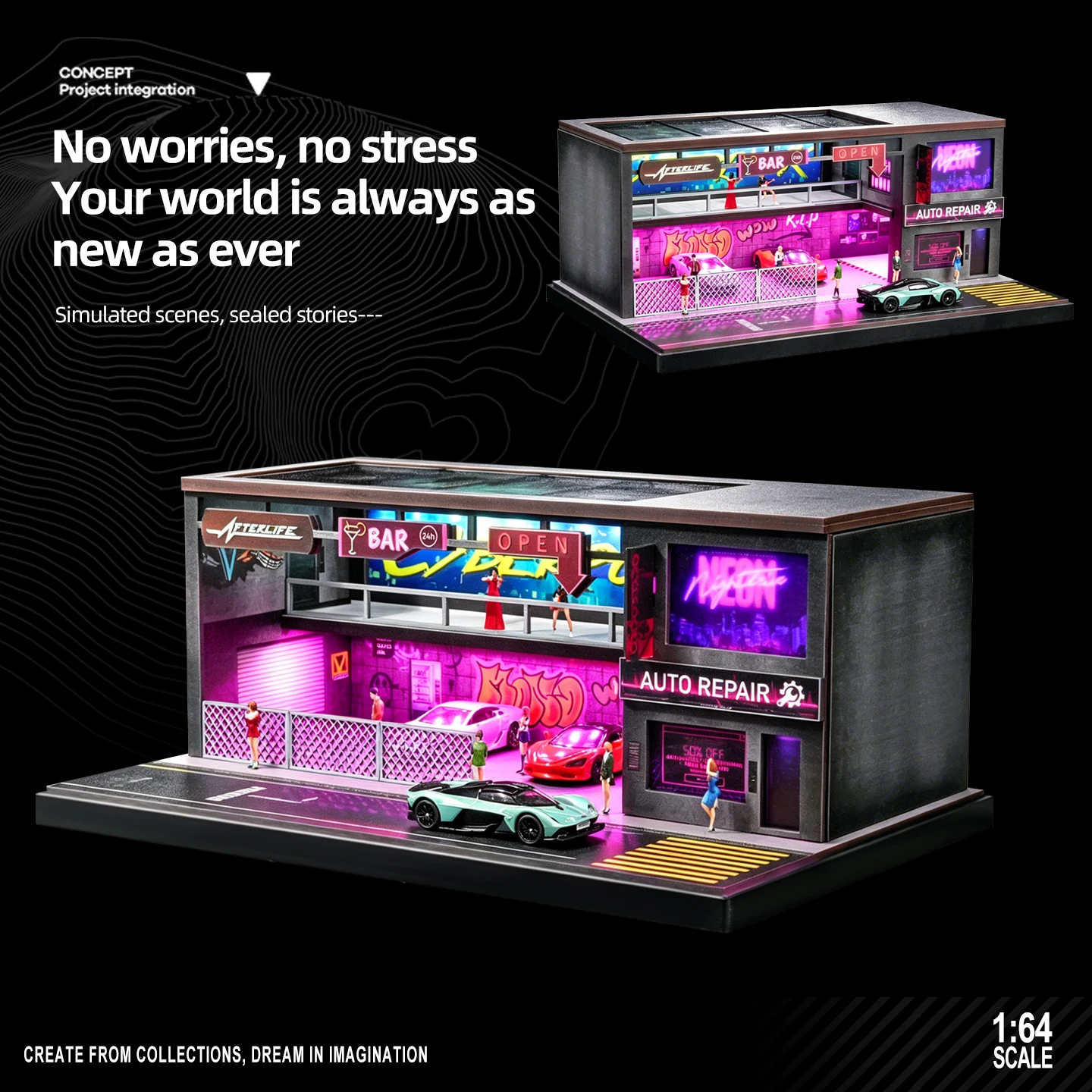 1:64 Scale Car Garage Diorama Model Assemble LED Lighting Car Parking Lot Backdrop Display Scene Model Toy Collection Gift