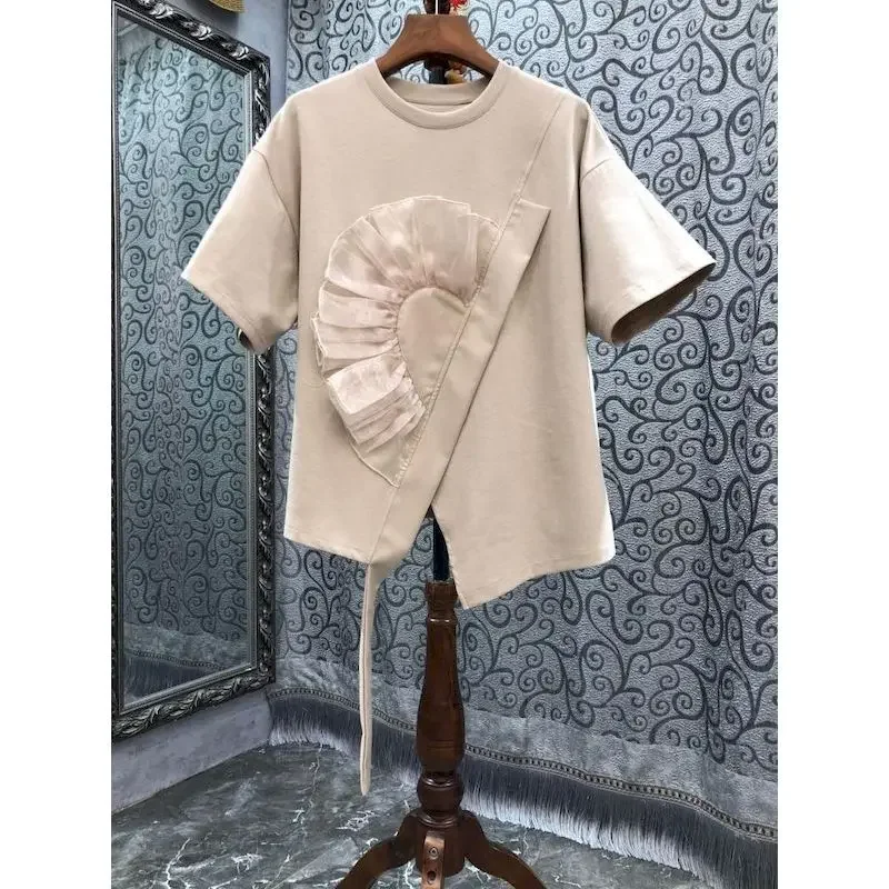 

Модные футболки нестандартной формы, женские простые однотонные футболки с рюшами, повседневные свободные топы с короткими рукавами, летняя трендовая дизайнерская футболка 2025 года Y2k