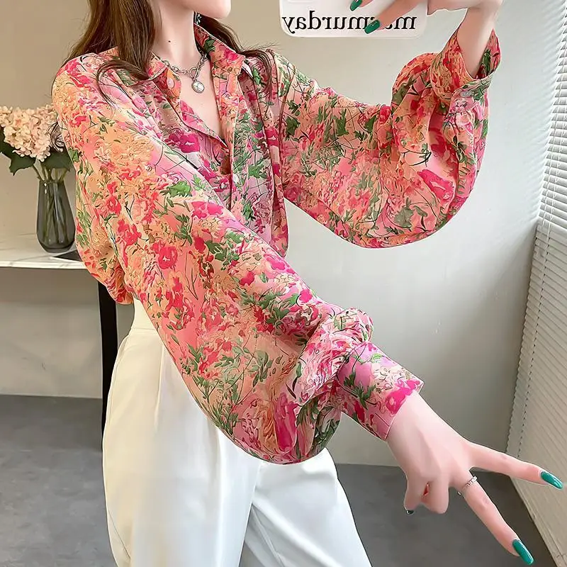 Japan Style Flowers Printed Blouse Fashion Turn-down Collar Spring New Long Sleeve Female Clothing Commute Single-breasted Shirt