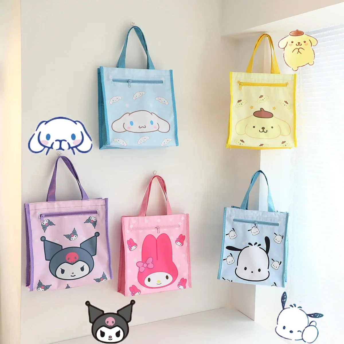 Sanrio Cinnamoroll Kuromi My Melody Cartoon Water Proof Tuition Kawaii Anime Double-layer Tote Bag Art Pack Shopping Bags