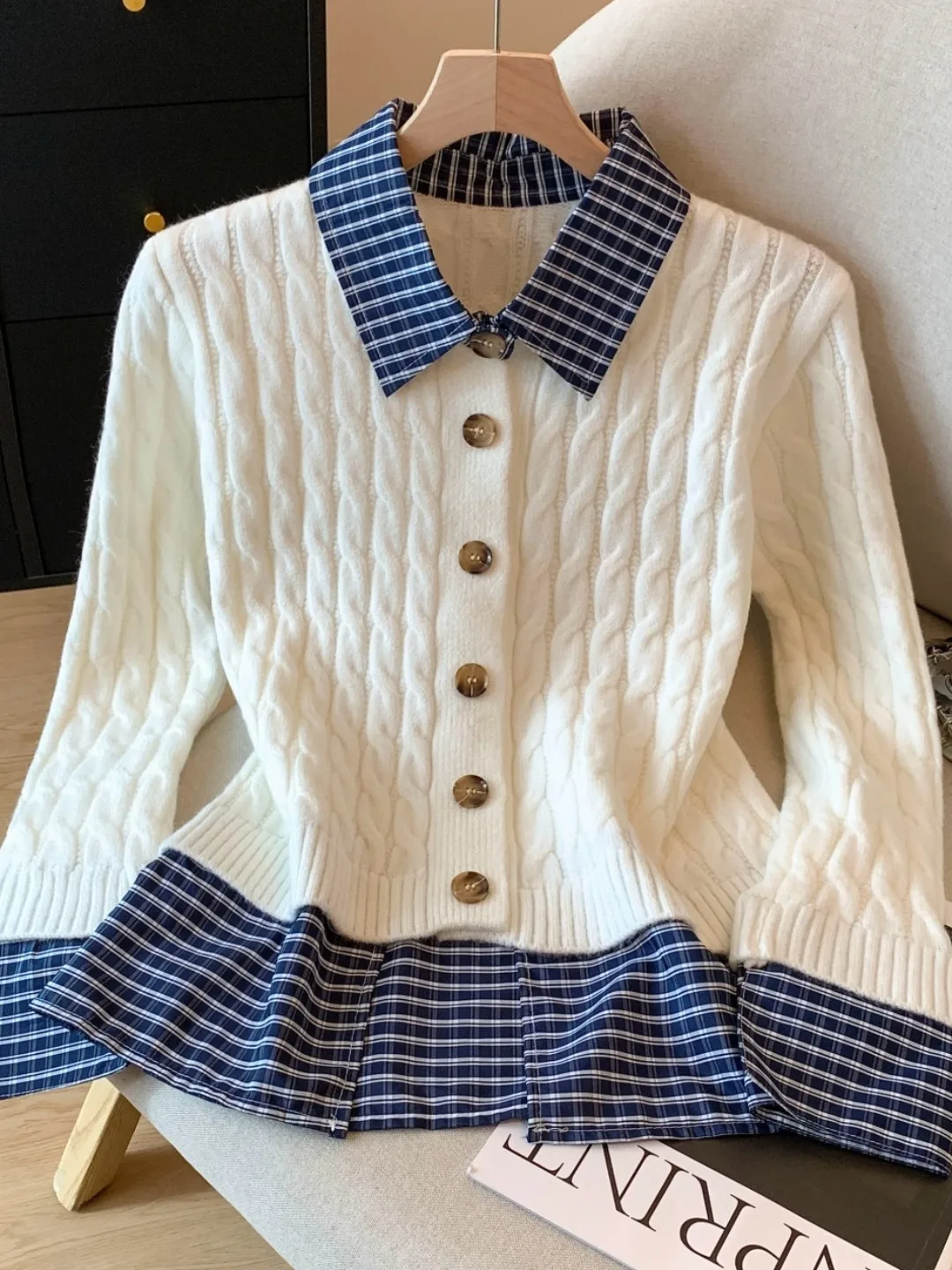   Cardigan tricoté à col ouvert pour femme, pull doux, automne-hiver, épissage à carreaux, auto-Kee Sle, Version coréenne