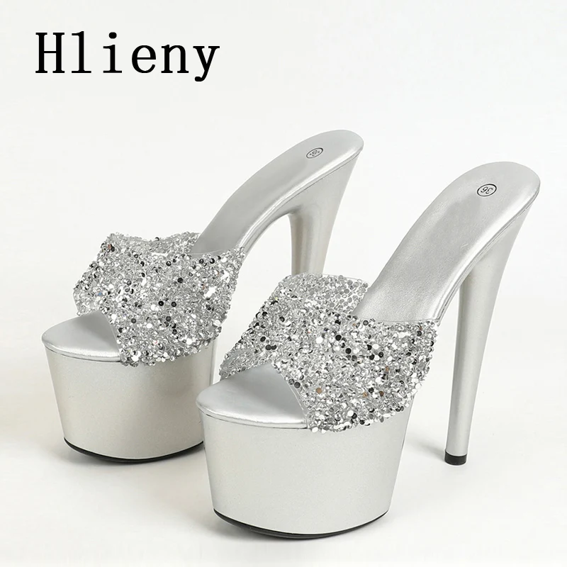 Hlieny Zomer Sexy Bling Lovertjes Fetish Nachtclub Stripper Vrouw Elegant Platform Peep Toe Stiletto Hoge Hakken Schoenen Sandalen