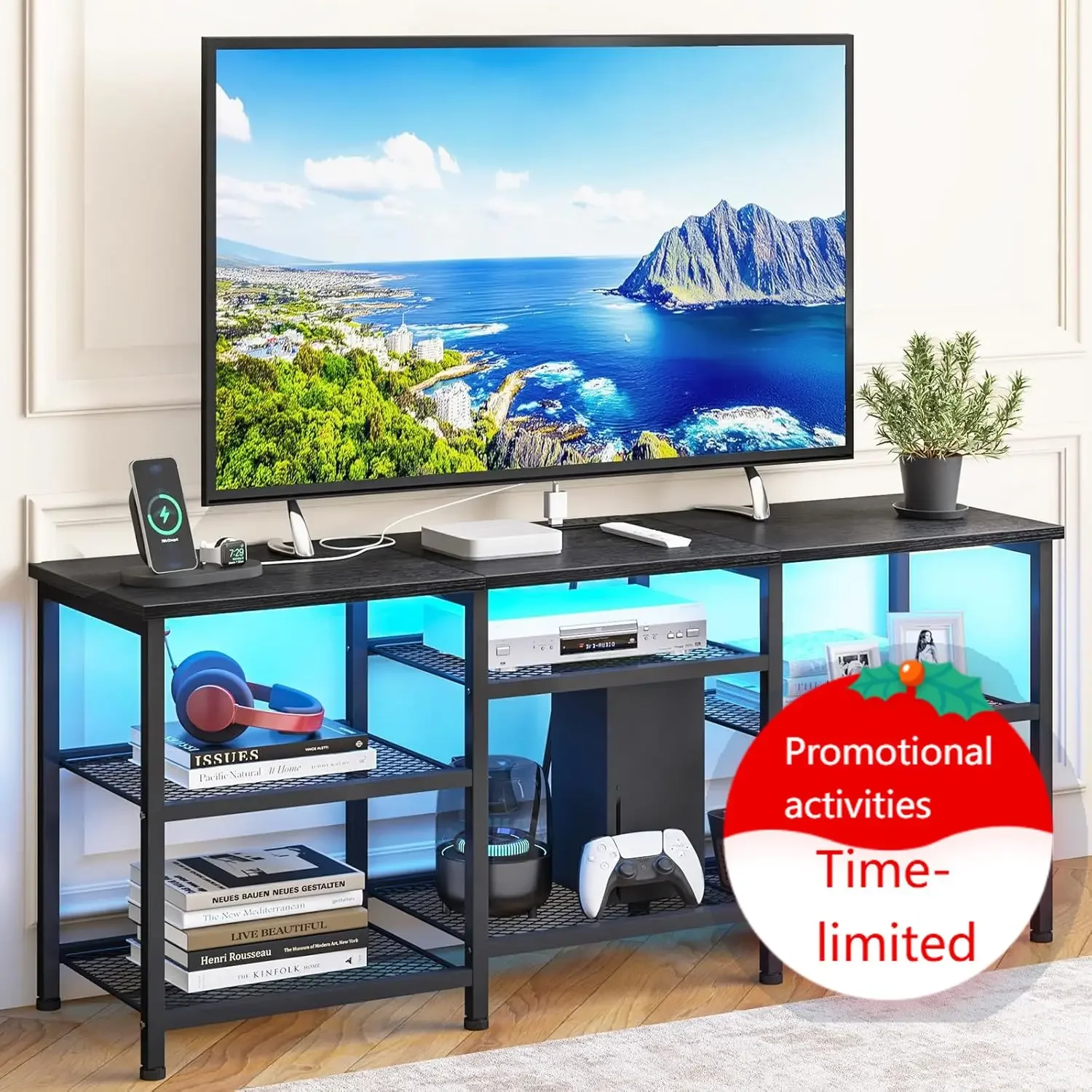 Tv Media Stand For Tvs Up To 55 Inches Entertainment Center With Power Outlet Led Lights Open Storage Shelves Console Table For