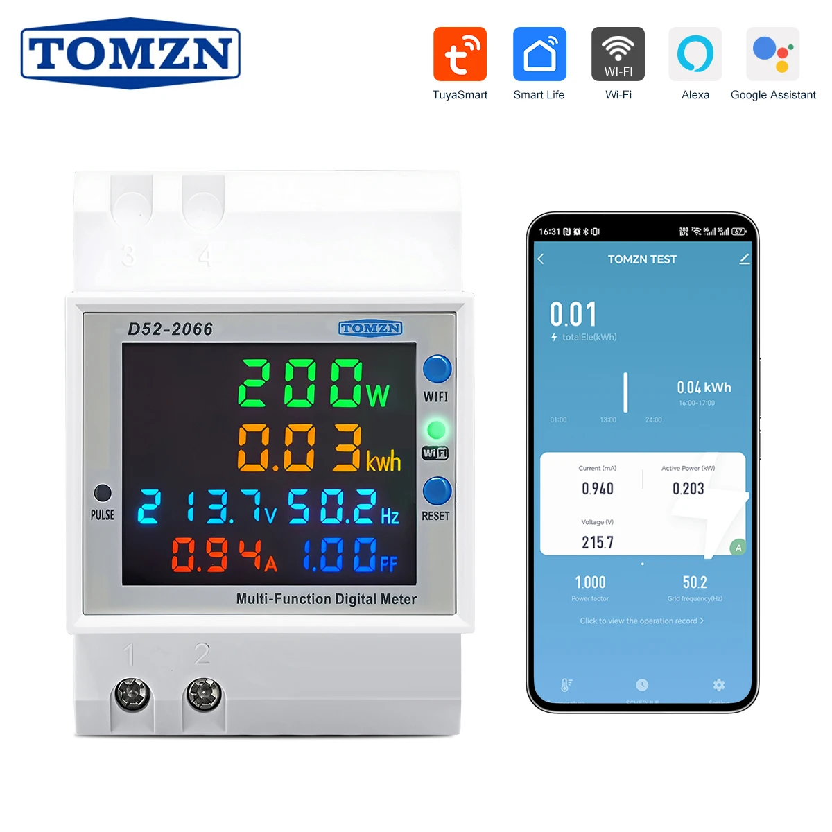 TOMZN WIFI Smart 6IN1 Meter Din Rail AC Monitor 110V 220V 100A Voltmeter Current Power Factor Active kWh Energy Frequency TUYA