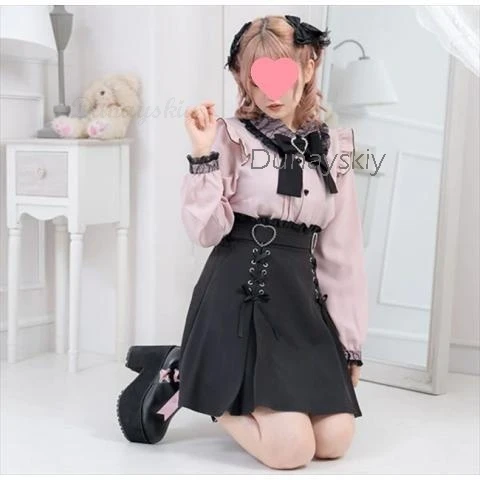 Jirai kei Lolita Girls Top Women Kawii Bow Blouse Pink Black Dress Skirts Long Sleeve Shirt Y2K Cute Japanese Student Suit