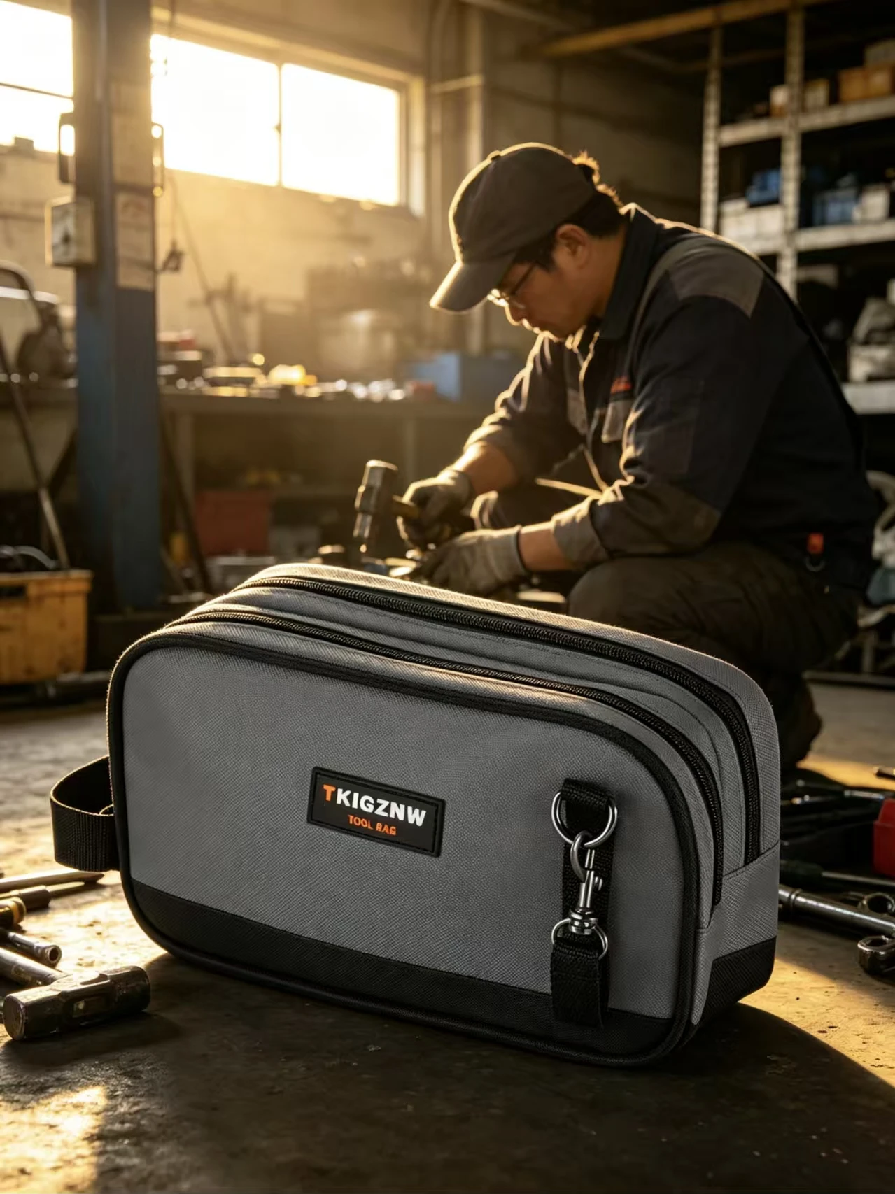 TKIGZNW B017-1 Tool Bag Dual Compartment Storage Pouch for Hand Tools Black Canvas Material with Handles