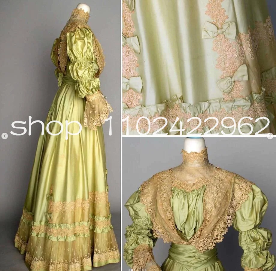 Mint Green History Garment Prom Dresses High Neck Long Sleeve Victorian Corset Walking Civil War Evening Gown Customsized Costum