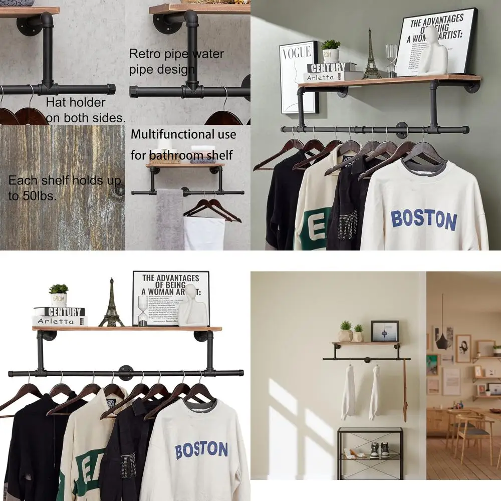

Industrial Style Wall-Mounted Pipe Clothing Rack with Shelf and Hanging Bar for Space-Saving Storage in Laundry Rooms (Brown)
