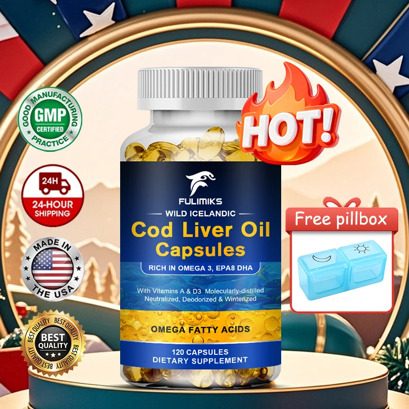 Pure Cod Liver Oil Capsules, with Vitamins D3, Omega-3, Support Brain Function, Strong Bones & Healthy Vision, Overall Wellness