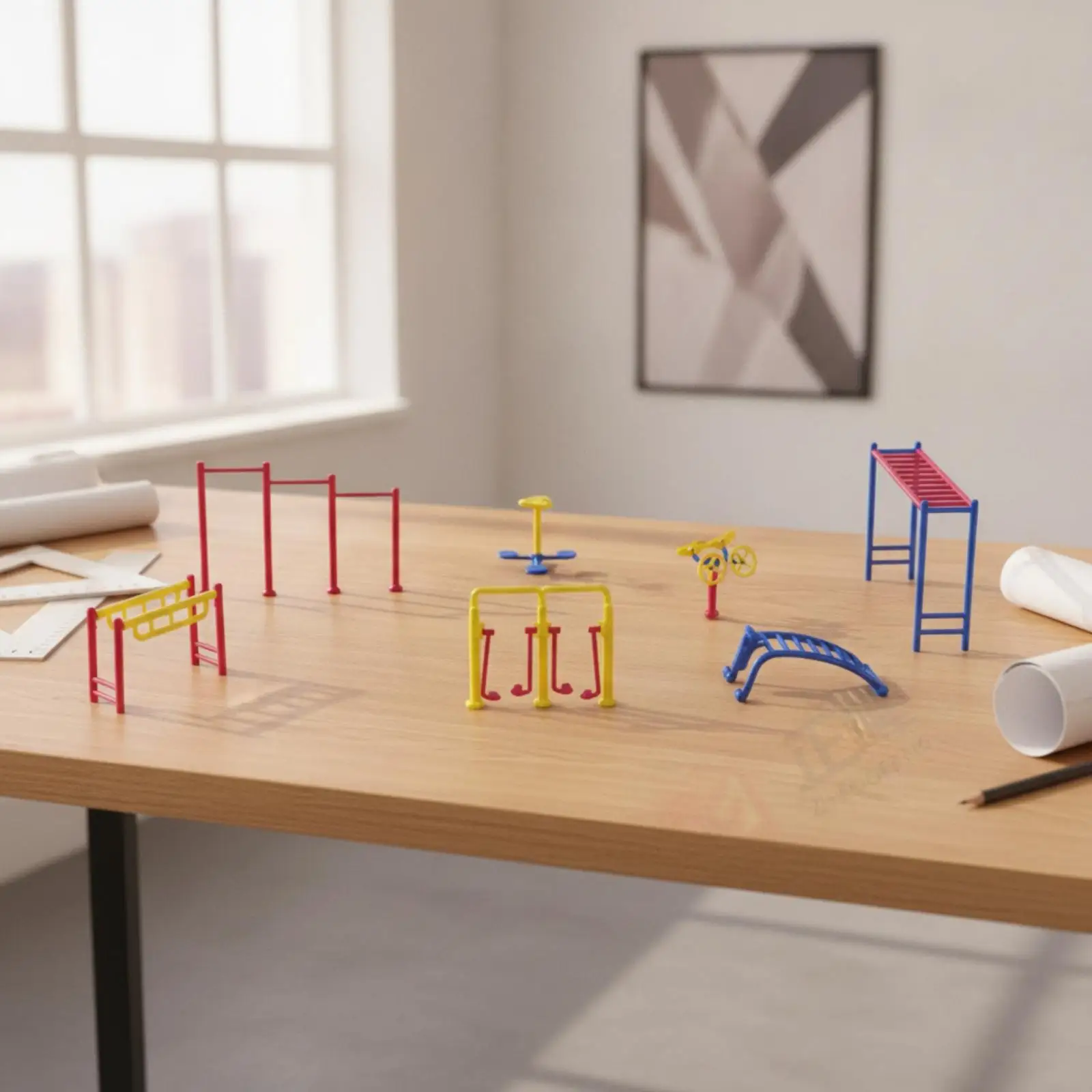 7 Pieces Miniature Park Exercise Equipment Set with Climbing Structures Modern for Landscape Planners, Diorama Hobbyists,