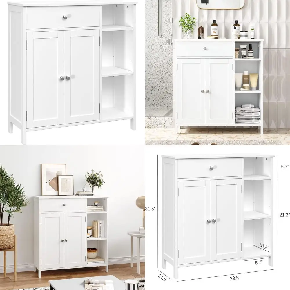 

White Freestanding Storage Cabinet with Drawers, Doors & Adjustable Shelves for Living Room & Entryway