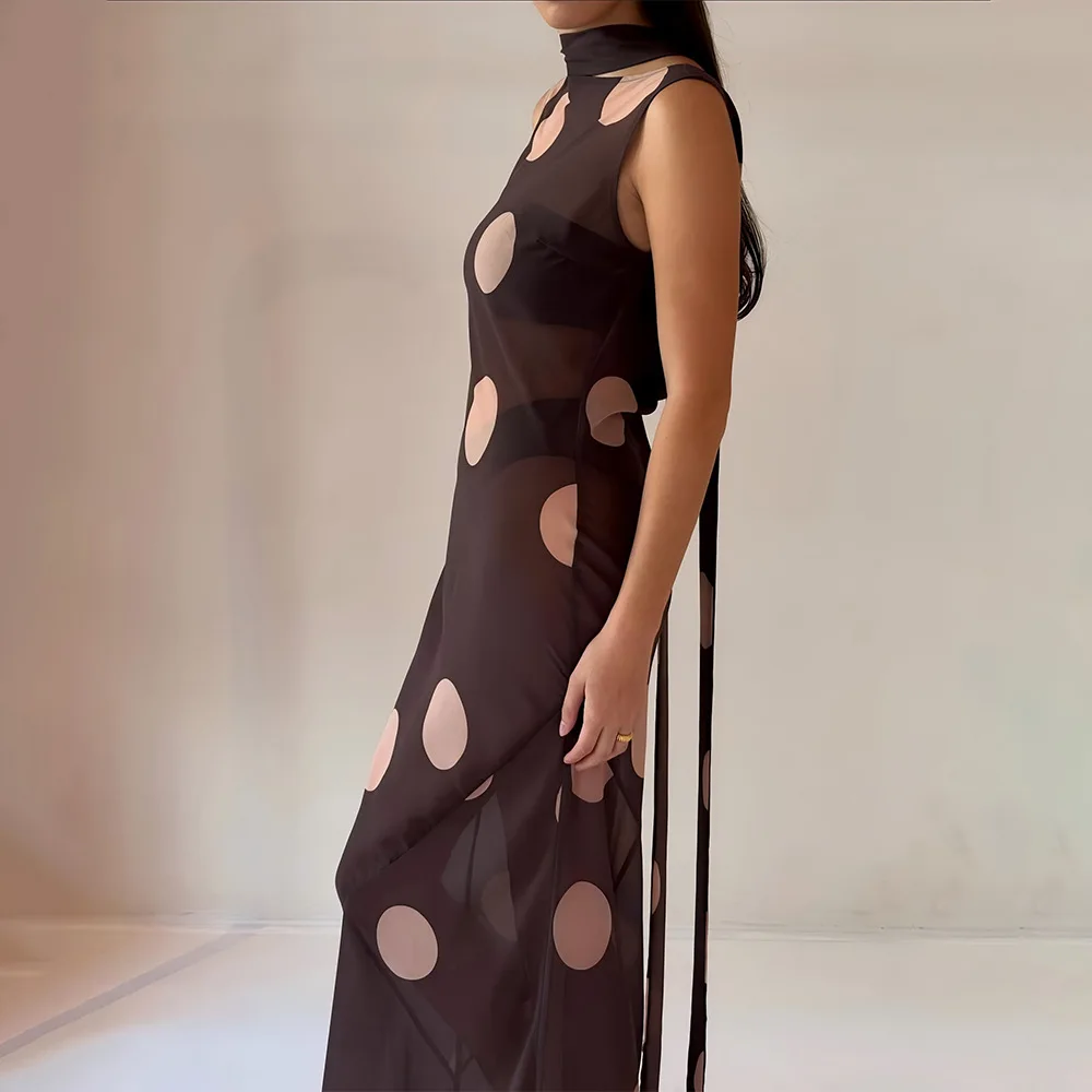 Платье макси с лентой в горошек и круглым вырезом для женщин, элегантное сексуальное платье без рукавов с открытой спиной, модное клубное вечернее длинное платье с высокой талией