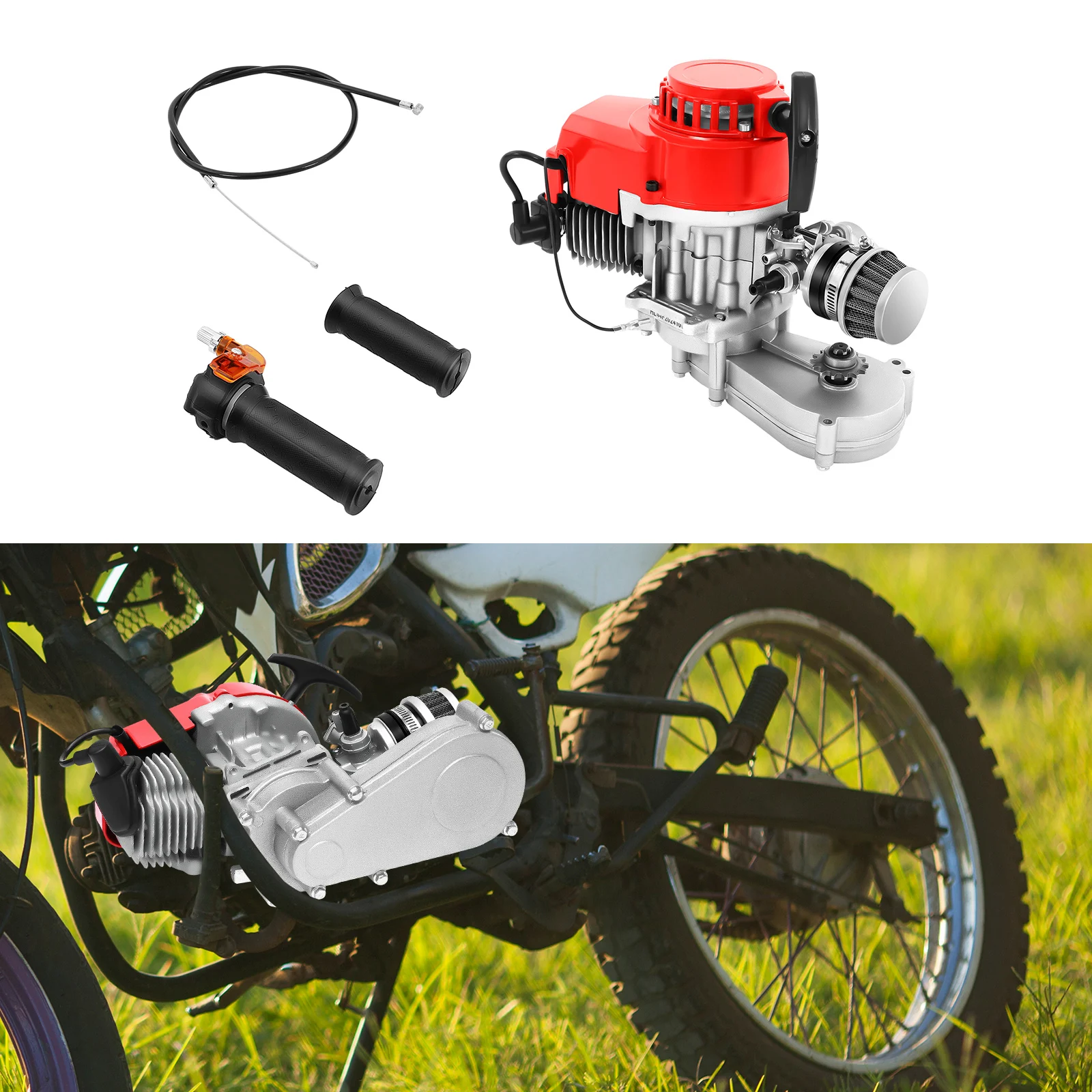

49cc Two-stroke Engine with Handles & Cable, Hand-Pulled Start Air Cooled Single-Cylinder, for Mini Dirt Bike, Pocket Motorcycle