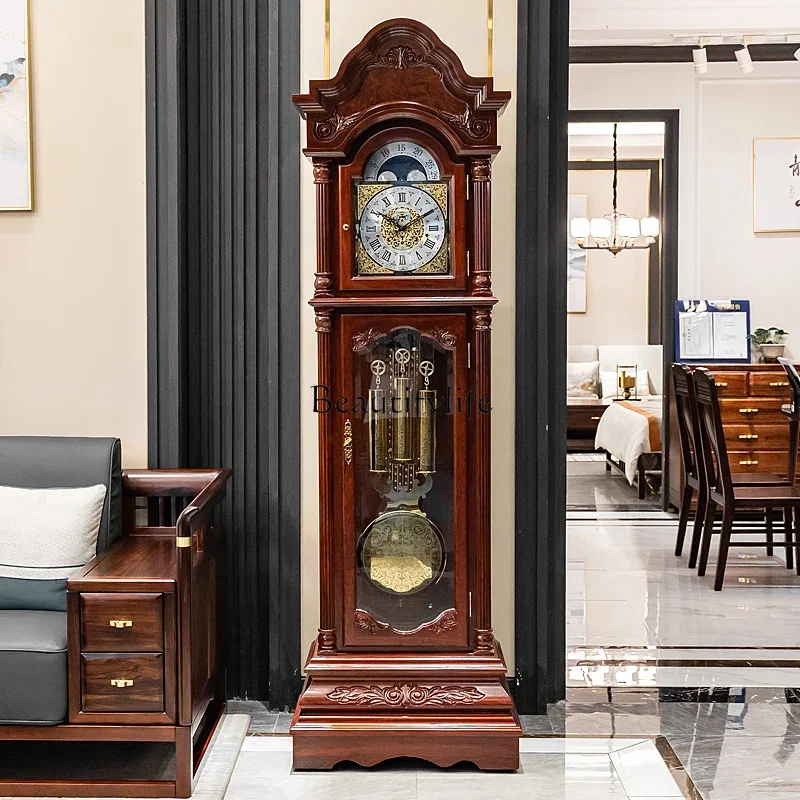 New Chinese retro mahogany floor clock living room European-style villa vertical mechanical pendulum clock