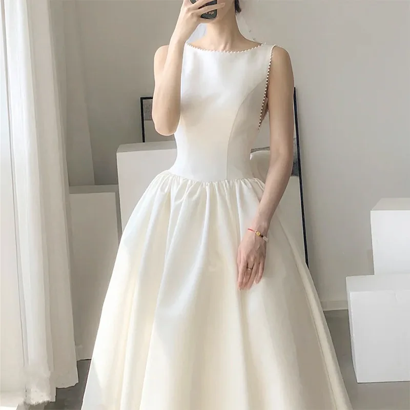 Abito da sposa in raso bianco elegante abiti Midi da sera da ballo per le donne 2023 estate Sexy lungo compleanno festa di laurea Vestido