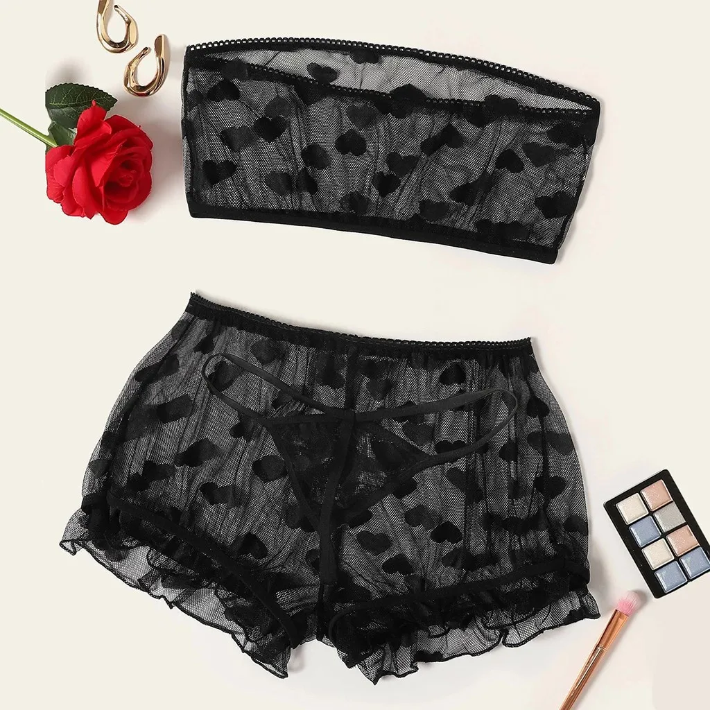 3 Pieces Breathable Sheer Mesh Tube Top Shorts Thong Heart Pattern Frill Trim Lingerie Set Strapless Soft Thin Pajamas пижама