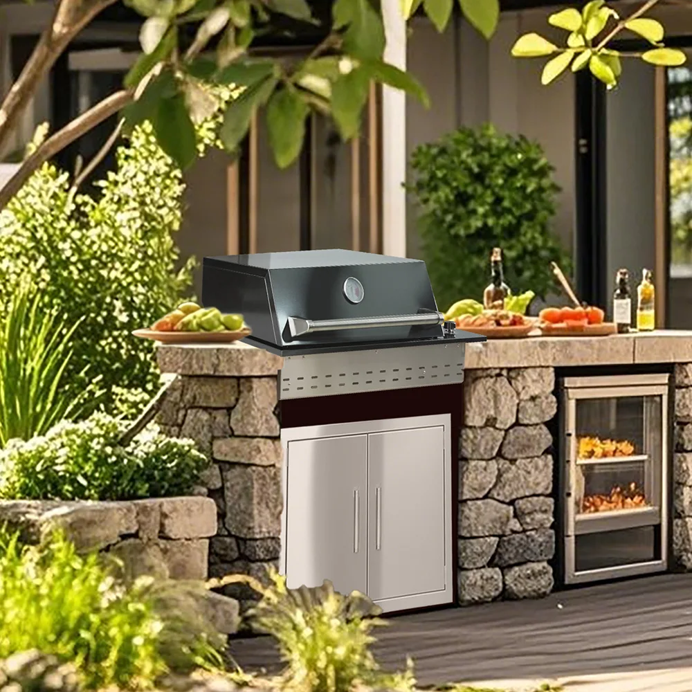 Heavy Duty Luxury Premium Modern SUS304 Black Stainless Steel Drop-in Outdoor Barbecue BBQ Grill with 3 Burners LPG NG Gas Lid