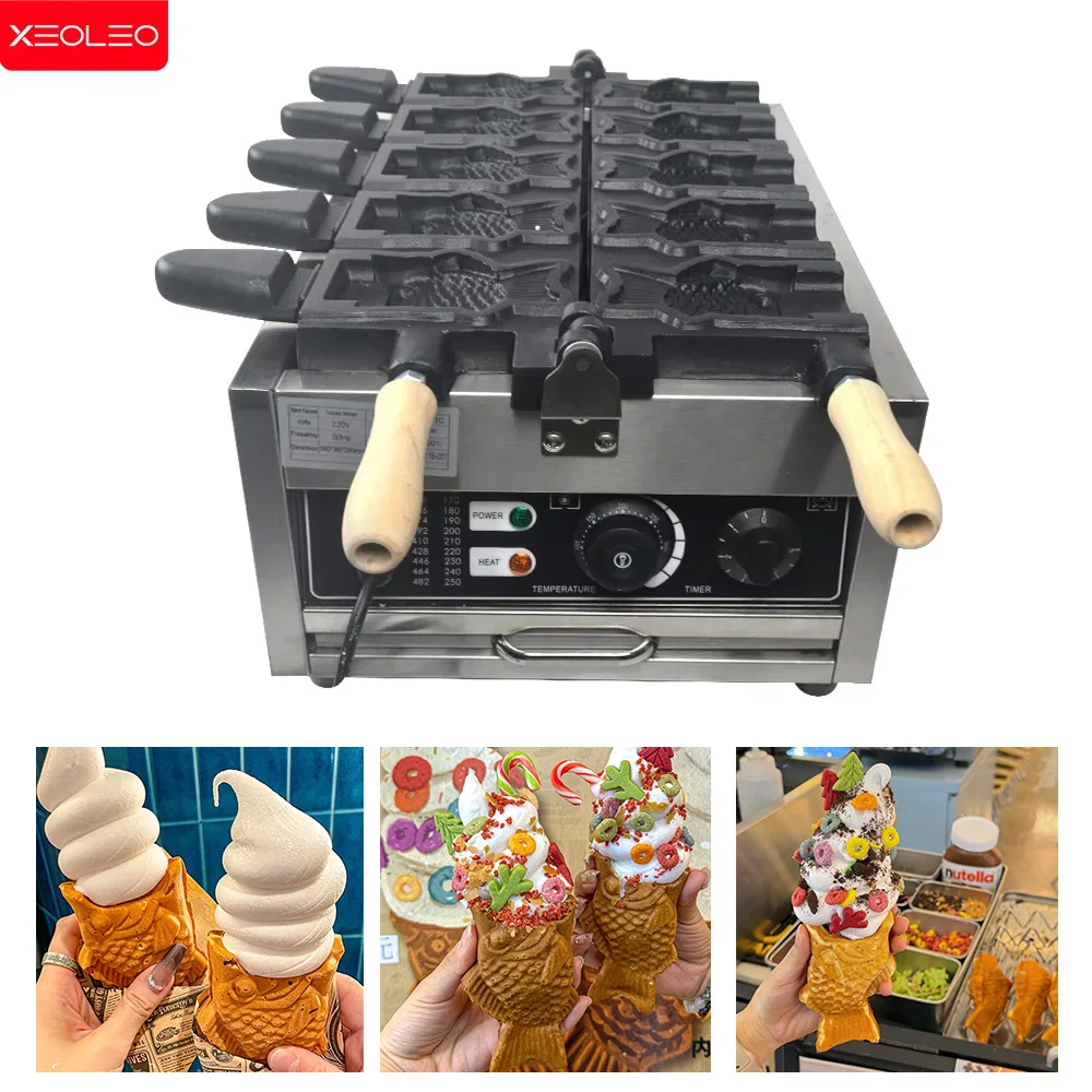 XEOLEO Taiyaki Machine 5 Pcs Fish Shaped Waffle Maker Machine 3000W Non-stick Coating Open Mouth Ice Cream Taiyaki Maker