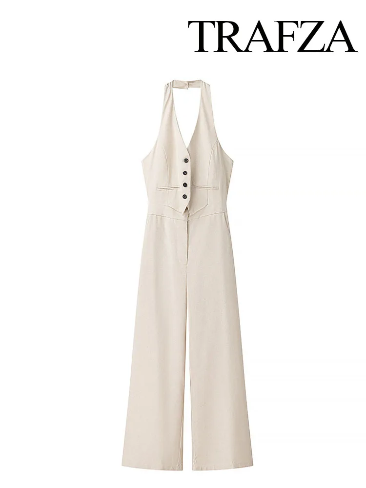 TRAFZAผู้หญิงฤดูใบไม้ผลิแฟชั่นJumpsuits Beige VคอBacklessกระเป๋าSingle-BreastedหญิงHigh Street Jumpsuits