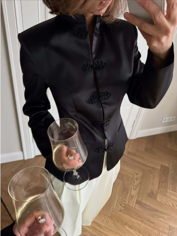 Blazer court décontracté TOKO pour femme, style chinois, col mandarin, boutons grenouille, collection Printemps-Été 2026, tendance et élégant