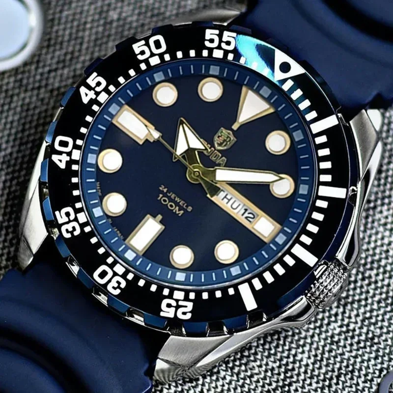 Quartz Watch for Men Submariner Series 45mm Dial with Miyota Movement Luminous Weekday Calendar Steel and Silicone Strap 3ATM