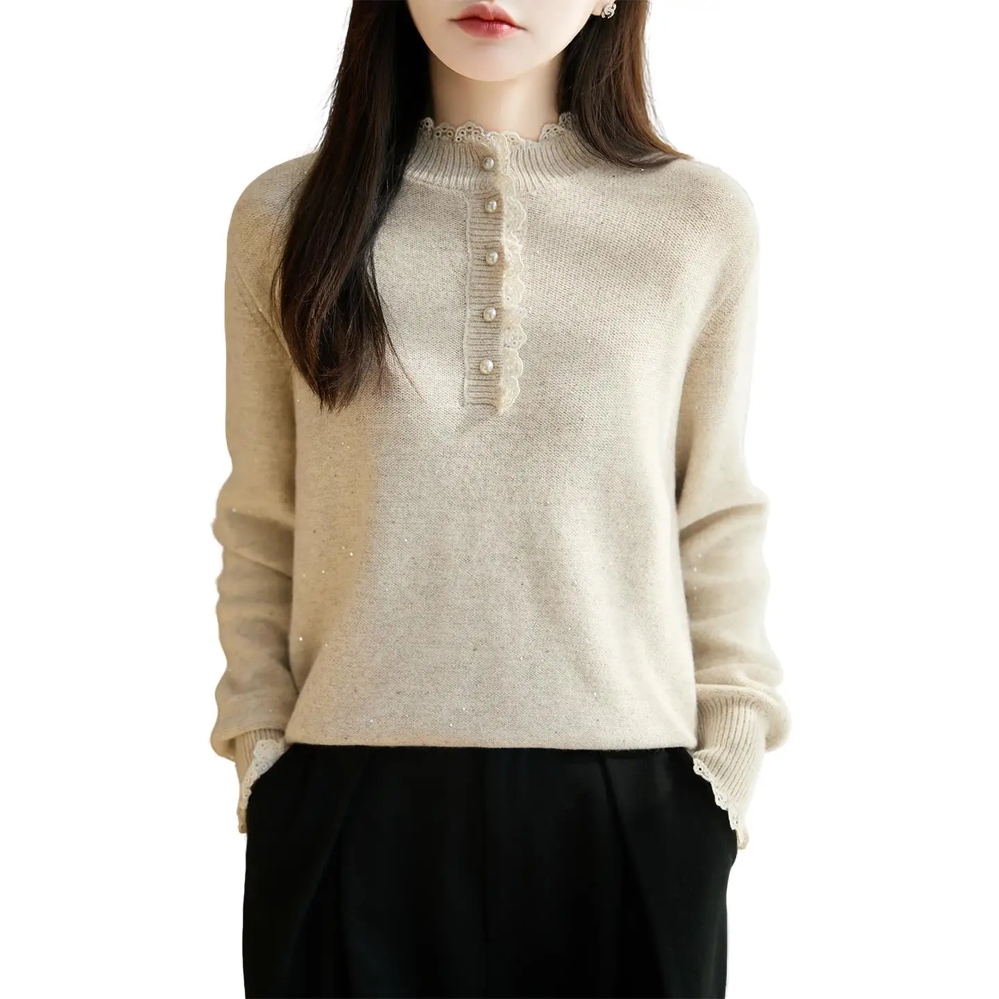 Women's Knitted Long Sve Loose Fit Sweater with Lace Trim Stand Collar f High Ne Casual Sle Autumn Winter Top