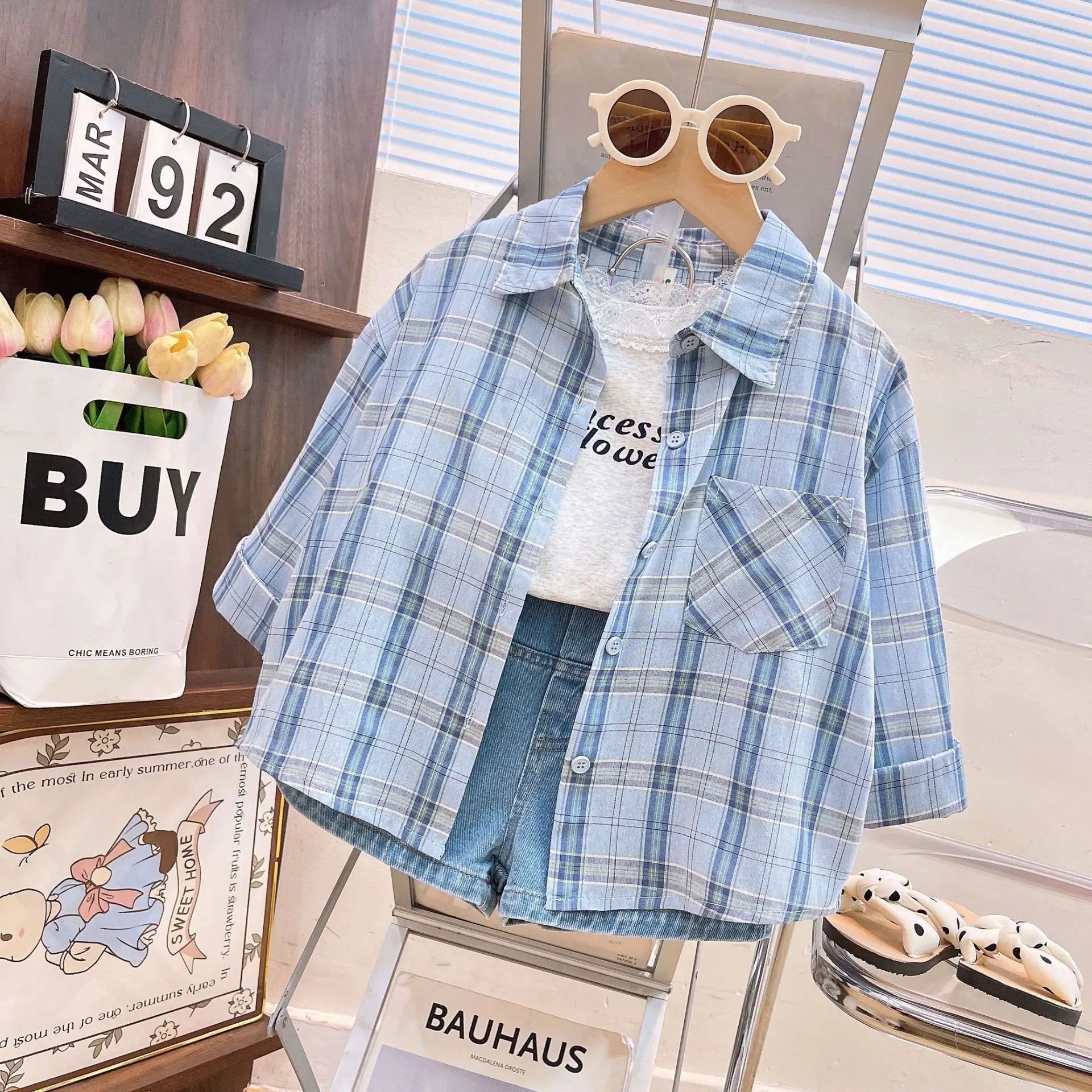 Girls Plaid Shirt Vest & Denim Shorts Set – 3-Piece Casual Outfit with Button Front, Sleeveless Top & Cuffed Shorts