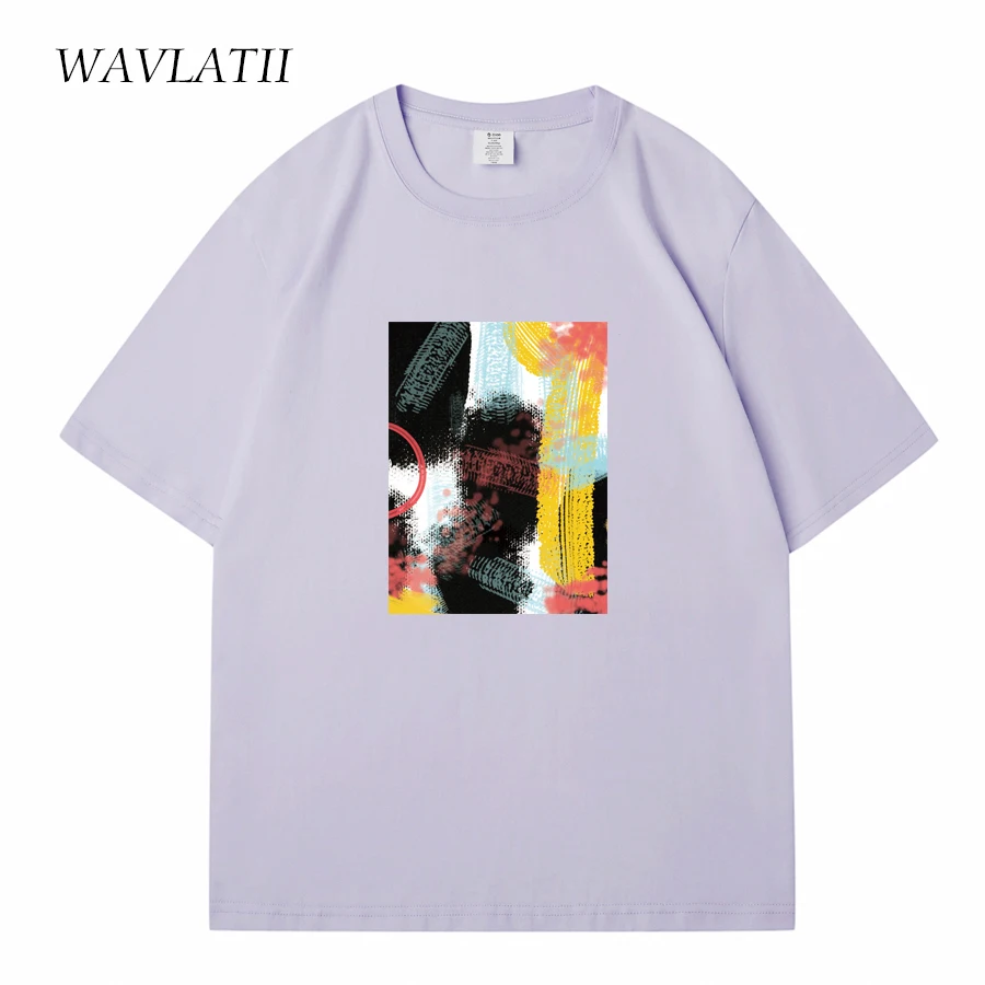 WAVLATII New Women Geometric Printed T shirts Unisex Men Fashion Cotton Streetwear Khaki Summer Short Sleeve Tees Tops WT2314