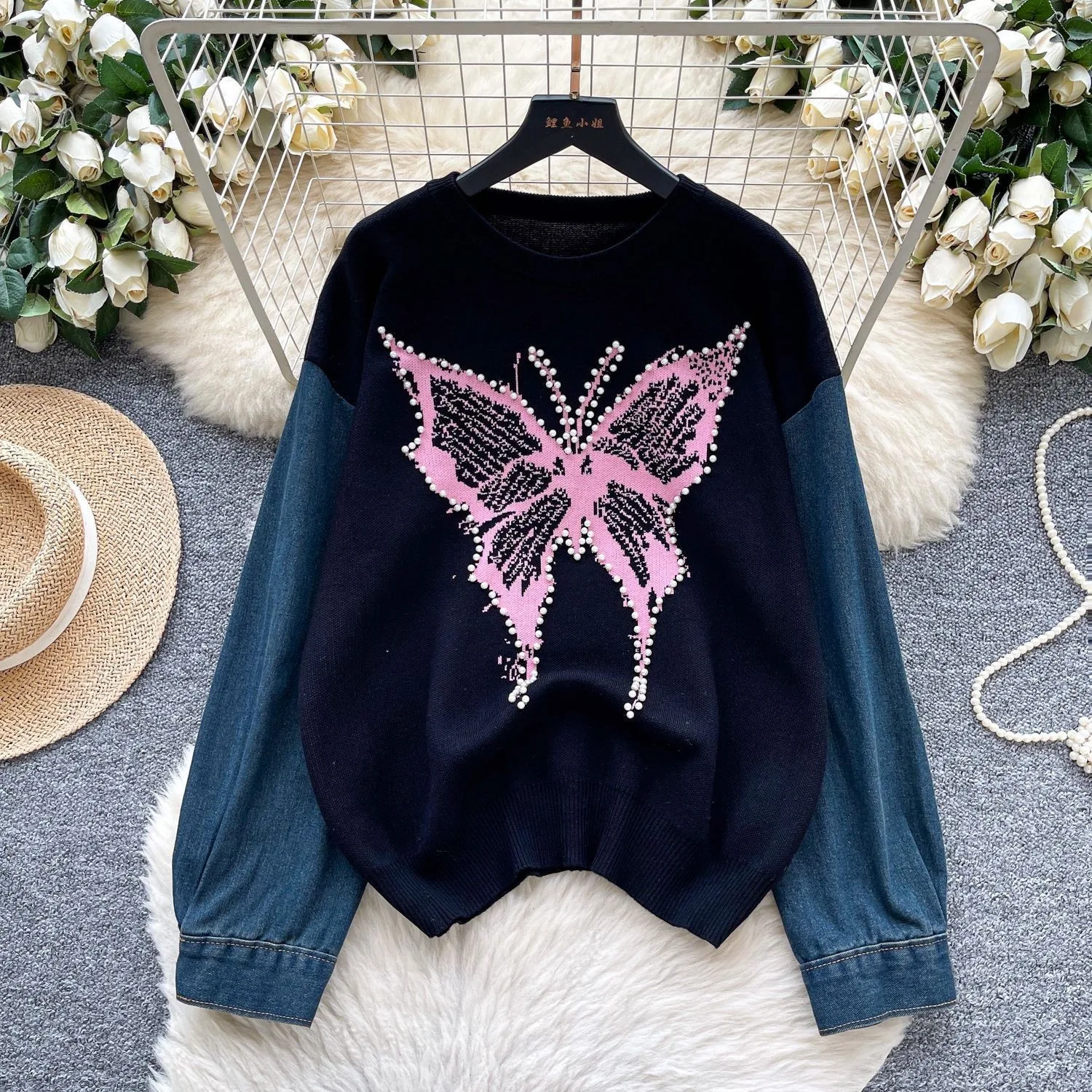 Butterfly Sweater Women Knit Pearls Full Sleeve Thick Warm Pullover Jumpers Casual Sweaters Pullovers Elegant Autumn Winter