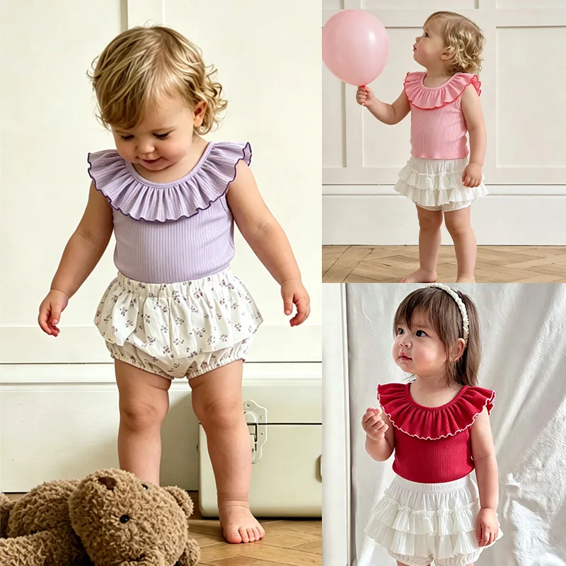Baby summer vest top 2026 new girls' lotus leaf lace t-shirt for outdoor base