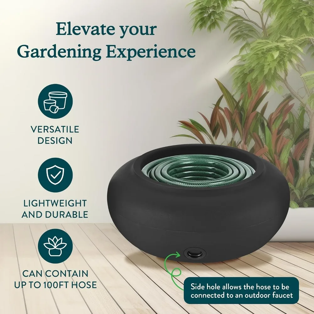 21 Inch Garden Hose Pot, Durable Lightweight Plastic Decorative Storage, Black, Holds 100-Foot Hose