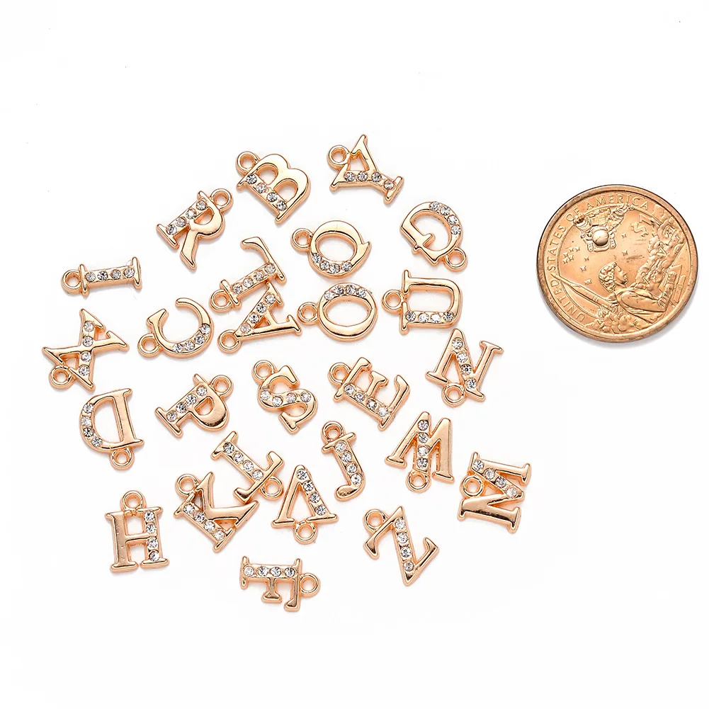 26pcs A-z Letter Rhinestone Alloy Pendant Diy English Alphabet Pendant Accessories Handmade Material Bracelet Keychain Charms