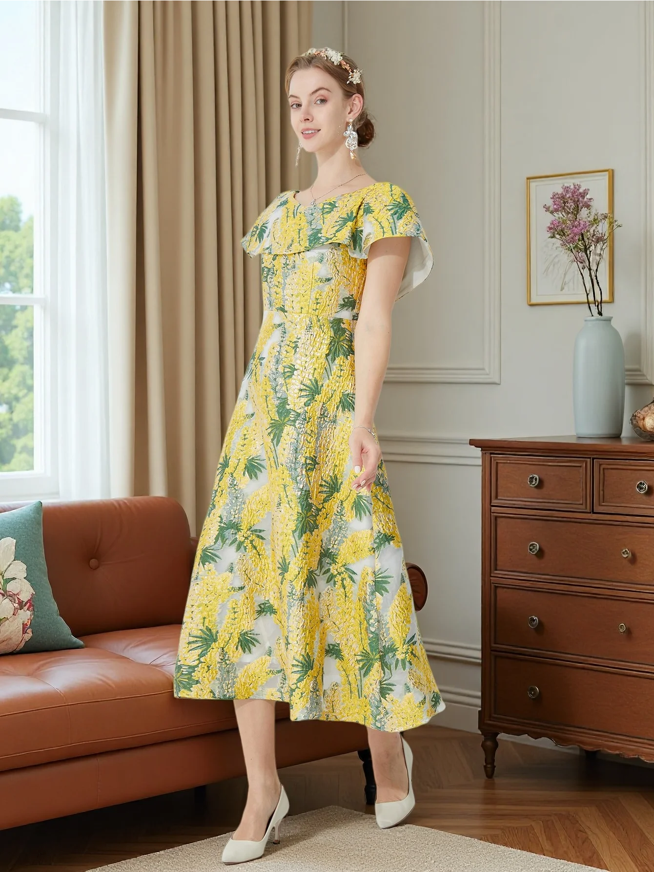 DEVCHATA Women's V-Neck Ruffle Jacquard Midi Dress  Retro Elegant A-Line Full Skirt for Weddings Parties & Tea Gatherings