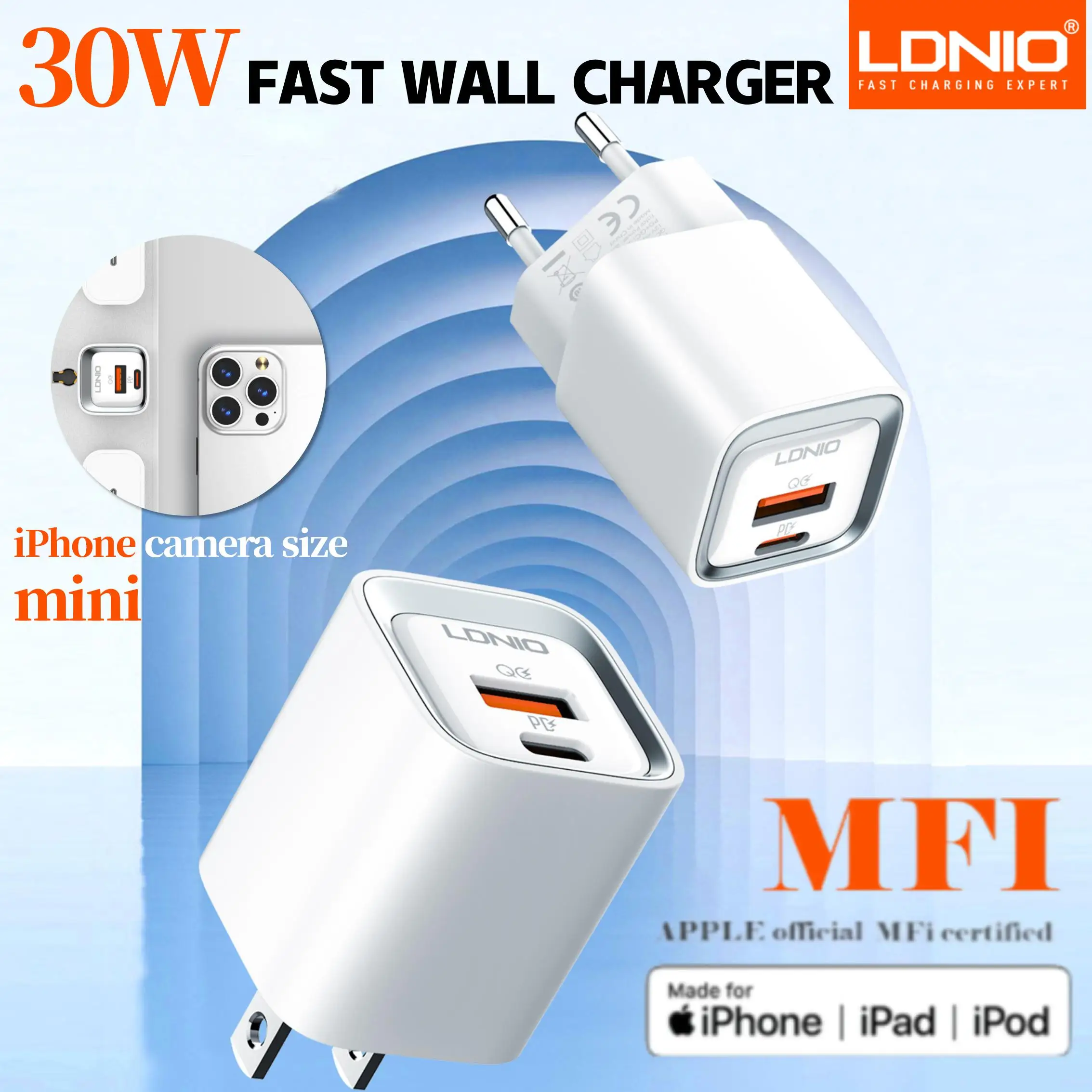 

Зарядное устройство USB C мощностью 30 Вт LDNIO GaN Компактное быстрое настенное зарядное устройство Блок питания USB-C для Galaxy S23, Google AirPods