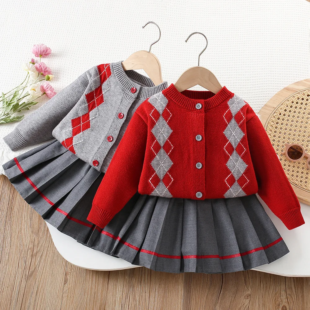 

Autumn Winter Children Girls Two-piece Clothes Set Cotton Argyle Contrast Kids Girls Sweater Cardigan Suits Loose Pleated Skirts