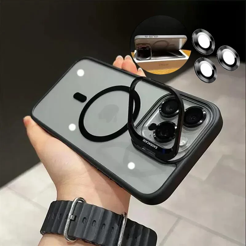 Lens Protect Stand Magnetic Phone Case For IPhone 15 12 13 14 11 Pro Max Plus Magsafe Camera Glass Clear Metal Ring Holder Cover