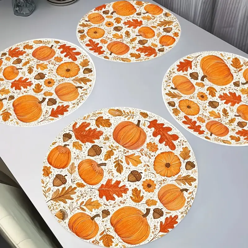 VIKAMA Thanksgiving Pumpkin Patch Placemat White Linen Maple Acorn Wildflower Gourd Fall Harvest Dining Table Mat Seasonal Decor