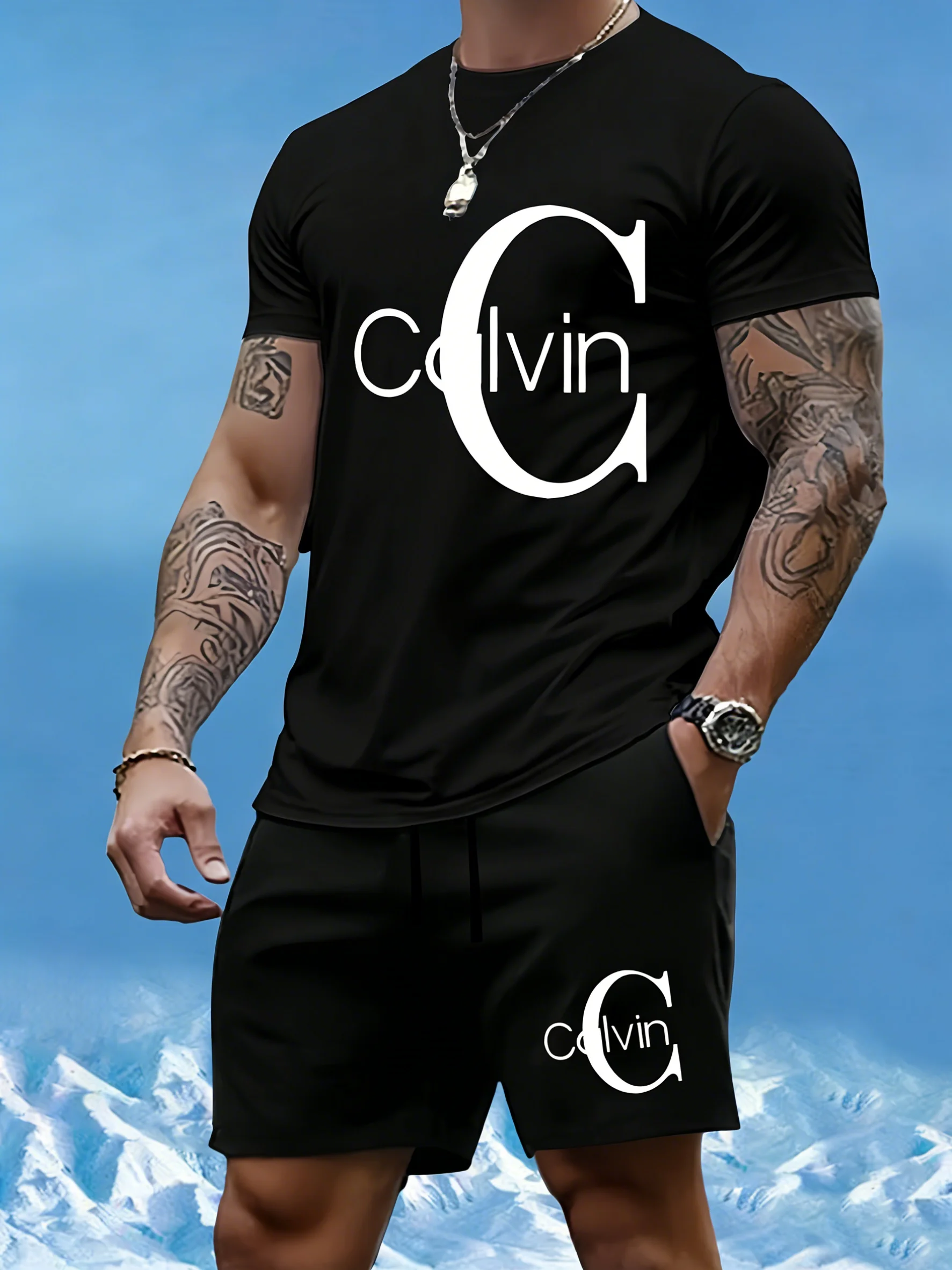 

Men's Summer t-shirt Set With prints, men's Fashionable Casual short-sleeved Trendy Casual Sportswear Versatile Set Quick-drying